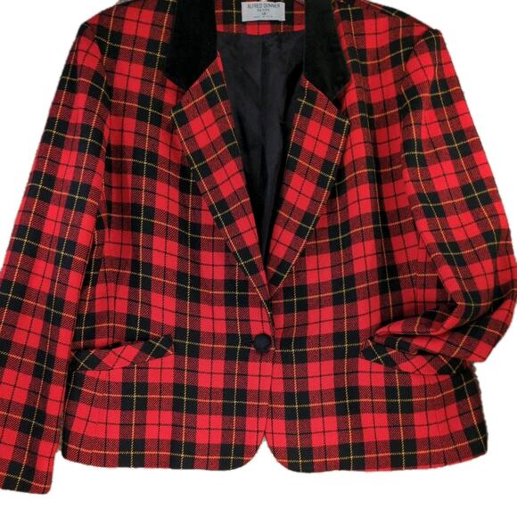 Vintage Alfred Dunner Tartan Blazer Red Wool Velvet Collar 14P Holiday 90s Boxy - Picture 11 of 11